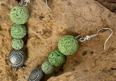 Mediterranean Earrings with Green Lava Stone and Silver Fossil - My Tiny Sanctuary