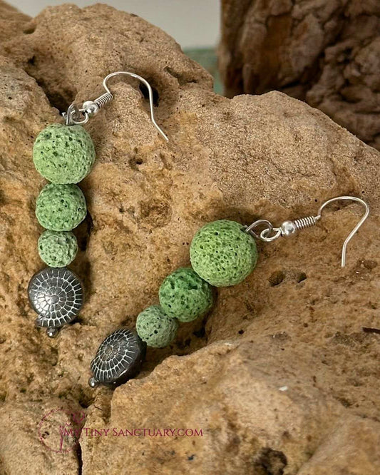 Mediterranean Earrings With Green Lava Stone And Silver Snail Fossile