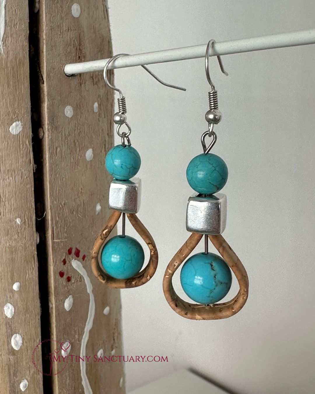 Turquoise Howlite With Cork Loop And Silver Plated Bead Vegan Earrings