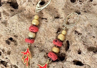 Orange Coral Branch Earrings and Lava Stone | Golden colour and Enamel - My Tiny Sanctuary