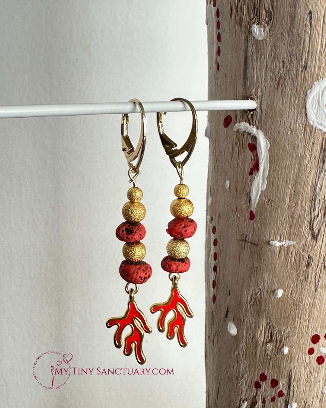 Orange Coral Branch and Lava Stone Earrings | Golden colour and Enamel