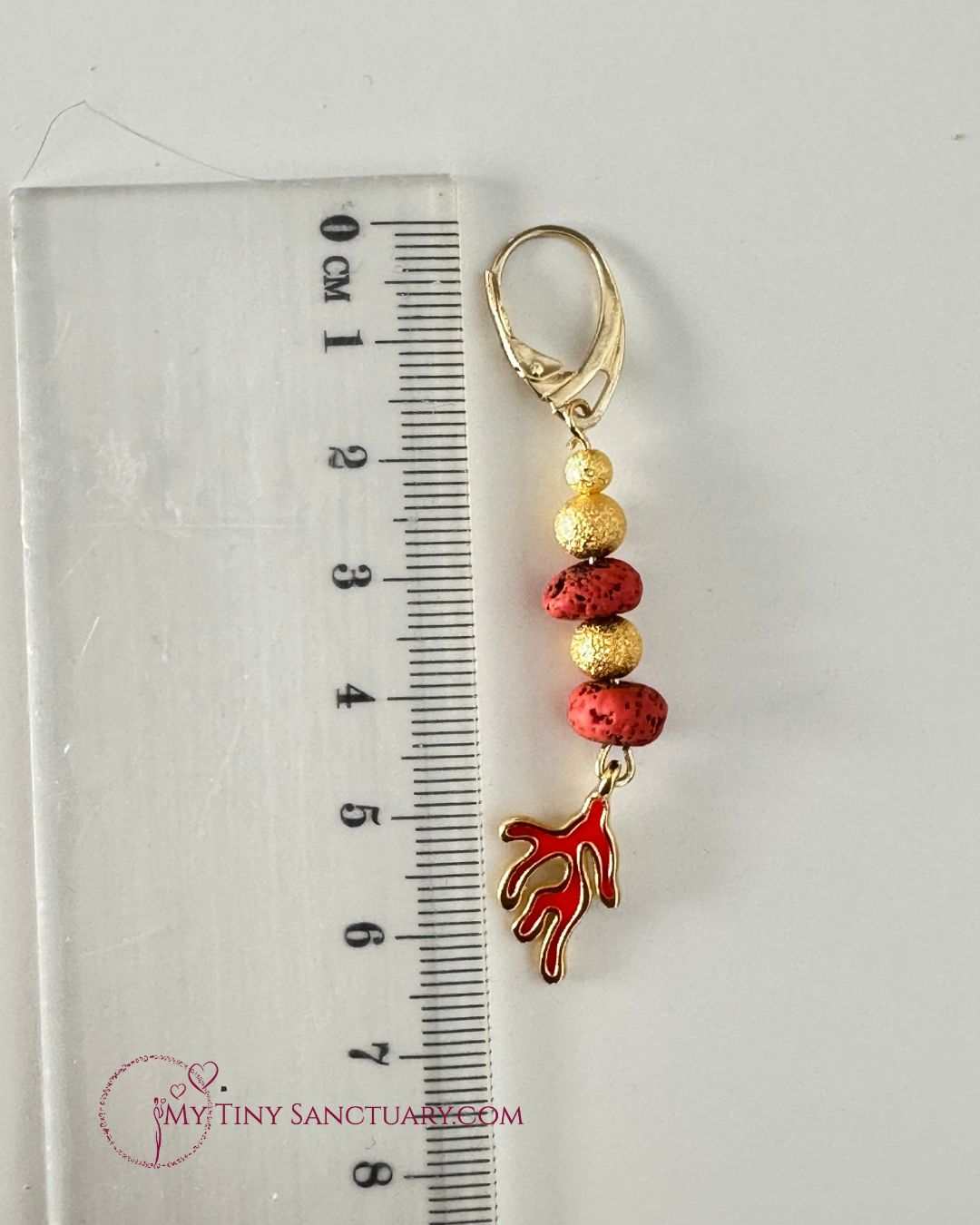 Orange Coral Branch and Lava Stone Earrings | Golden colour and Enamel