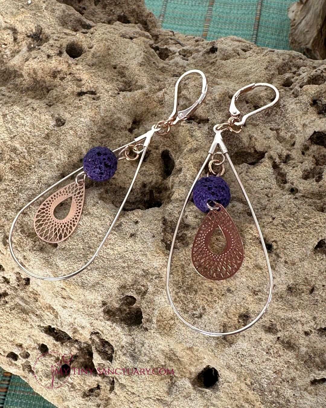 Purple Lava Stone Earrings With Brass Electro Rose Gold Filigree Drops