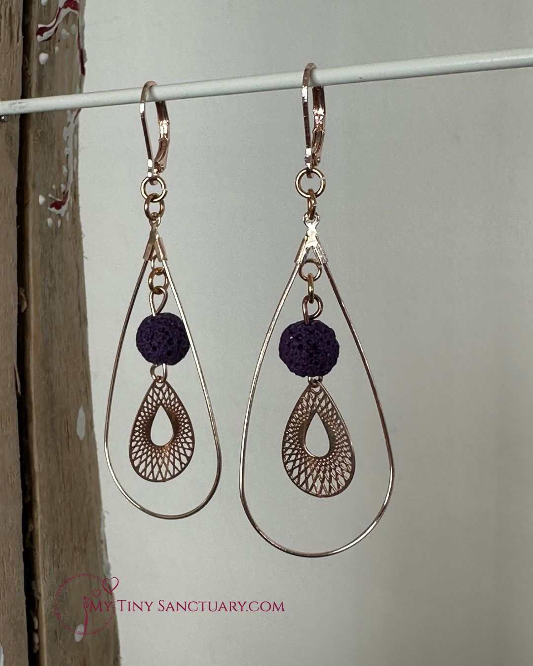 Purple Lava Stone Earrings With Brass Electro Rose Gold Filigree Drops