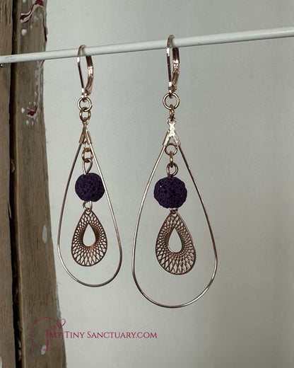 Purple Lava Stone Earrings With Brass Electro Rose Gold Filigree Drops