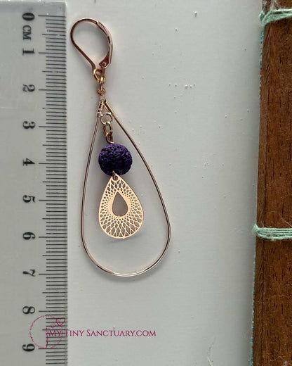 Purple Lava Stone Earrings With Brass Electro Rose Gold Filigree Drops