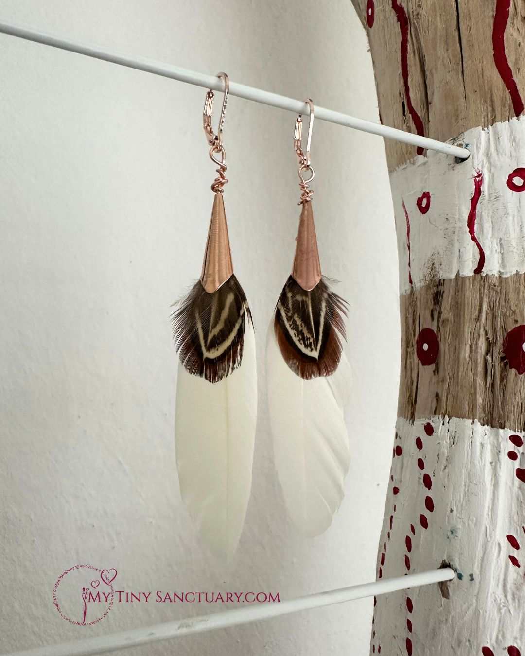 Cream and Brown Feather Earrings accented with Rose Gold