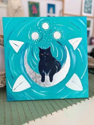 (K)Night Cat Travel to the Moon and Back | Acrylic Painting 39,5x39,5 cm - My Tiny Sanctuary