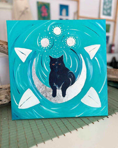 (K)Night Cat Travel to the Moon and Back | Acrylic Painting 39,5x39,5 cm - My Tiny Sanctuary