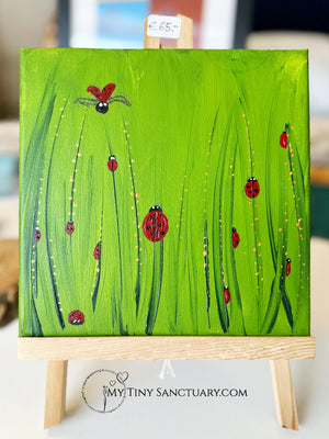 Ladybug in the Grasss | Original Acrylic Painting | 20x20 cm Canvas