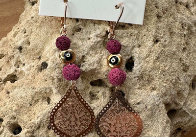Mati Eye Earrings 🧿 with Pink Lava Stone on Rose Gold Filigree - My Tiny Sanctuary