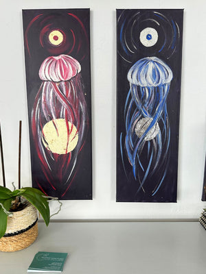 Sun & Moon Jellyfish Original Acrylic Painting Duo Set • 20 x 60 cm