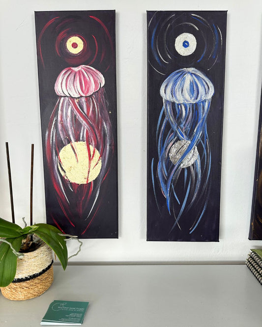 Sun & Moon Jellyfish Original Acrylic Painting Duo Set • 20 x 60 cm