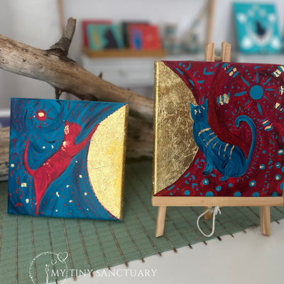 The Twin Golden Cats • Original Acrylic Painting • Twin Set Painting 20 x 20 cm