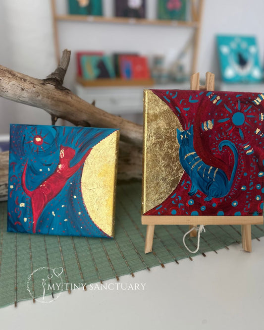 The Twin Golden Cats • Original Acrylic Painting • Twin Set Painting 20 x 20 cm