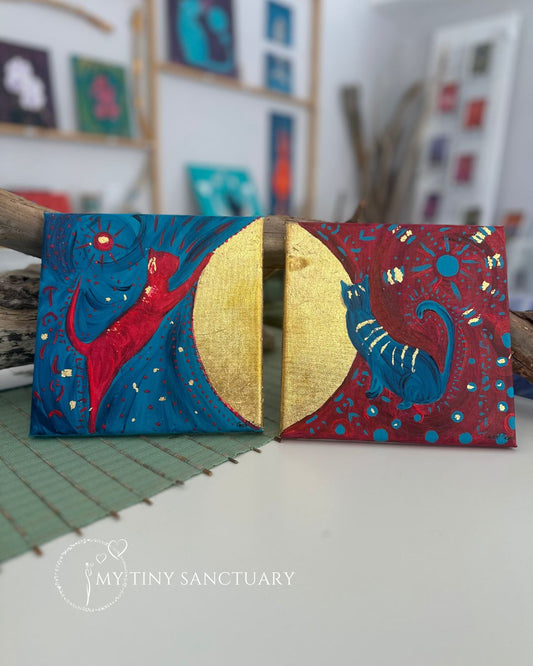 The Twin Golden Cats • Original Acrylic Painting • Twin Set Painting 20 x 20 cm