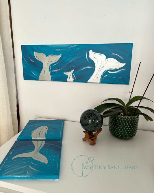 Whale Spirit Series: Three Loving Generations Acrylic Painting 60x20cm