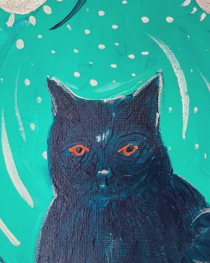 (K)Night Cat Ταξίδι στη Σελήνη και Πίσω | Ακρυλικό Ζωγραφικό 39,5x39,5 cm