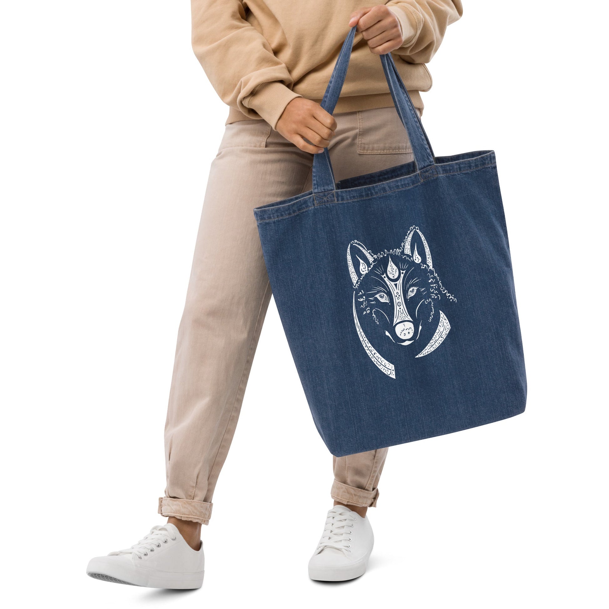 Wolf Animal Spirit Tote Bag 100% Organic blue denim