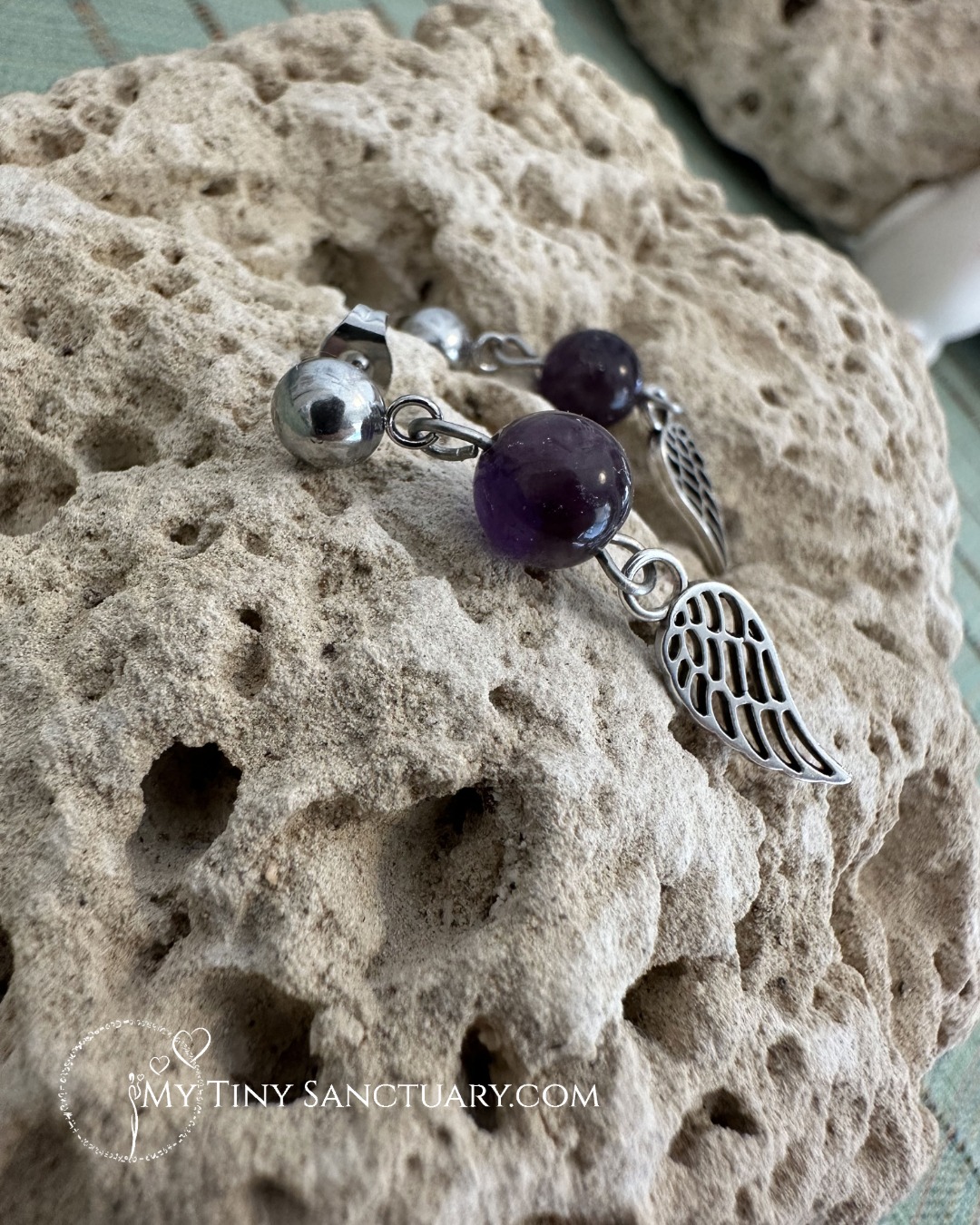 Amethyst and Silver Angel Wing Earrings – Guardians of Serenity