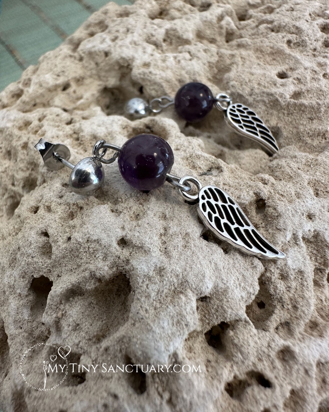 Amethyst and Silver Angel Wing Earrings – Guardians of Serenity