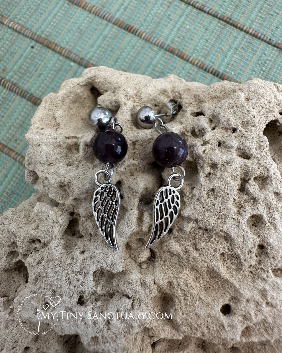 Amethyst and Silver Angel Wing Earrings – Guardians of Serenity