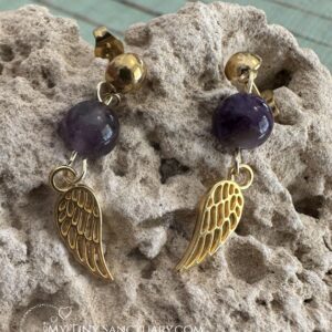 Amethyst & Gold Angel Wing Earrings – Guardians of Serenity