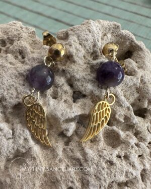 Amethyst & Gold Angel Wing Earrings – Guardians of Serenity