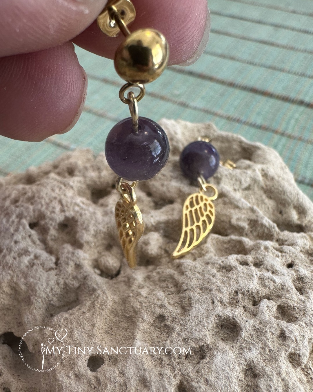 Amethyst & Gold Angel Wing Earrings – Guardians of Serenity