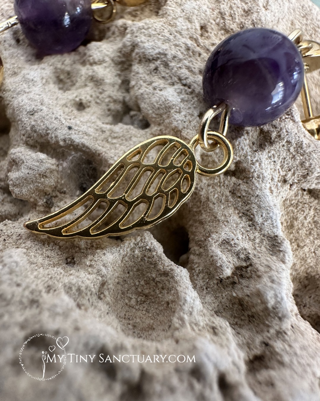 Amethyst Earrings-9-Angel Wings Amethyst & Gold Angel Wing Earrings – Guardians of Serenity