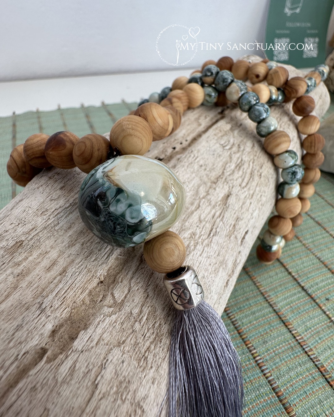 Aegean Green Grounding Mala | Sandalwood & Earthy Ceramic Beads