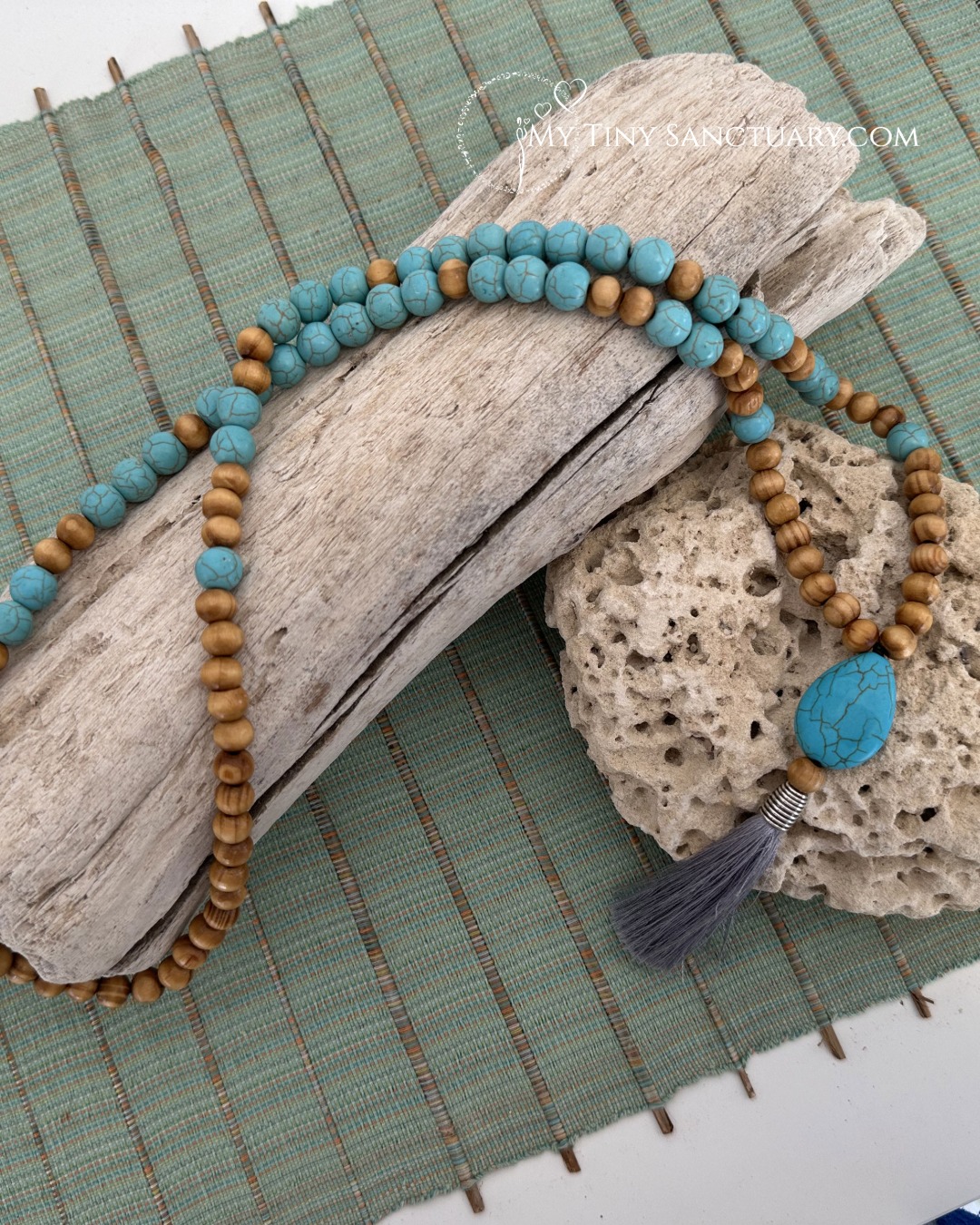 Calming Turquoise Howlite Mala | Sandalwood & Stress-Relief Stone