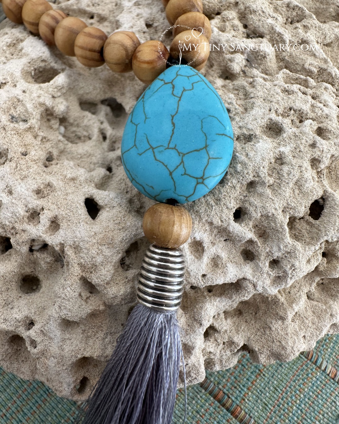 Calming Turquoise Howlite Mala | Sandalwood & Stress-Relief Stone