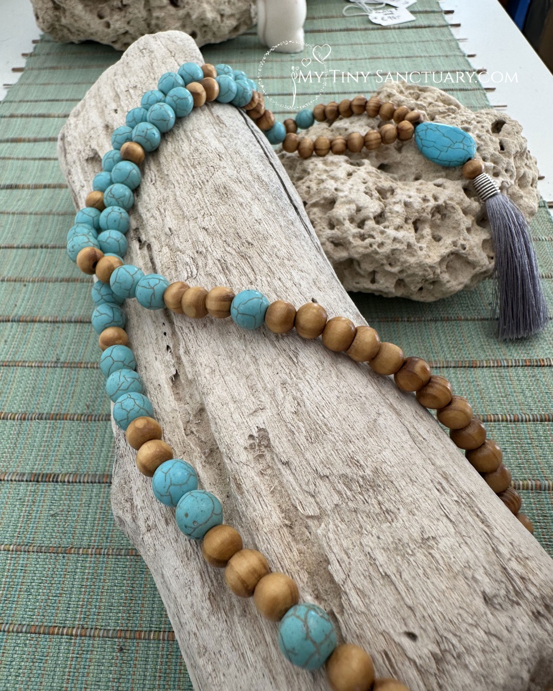 Calming Turquoise Howlite Mala | Sandalwood & Stress-Relief Stone