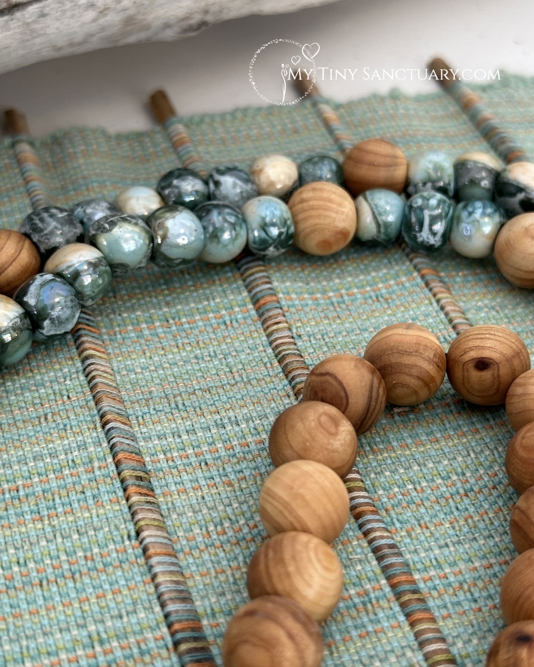 Aegean Green Grounding Mala | Sandalwood & Earthy Ceramic Beads Detail