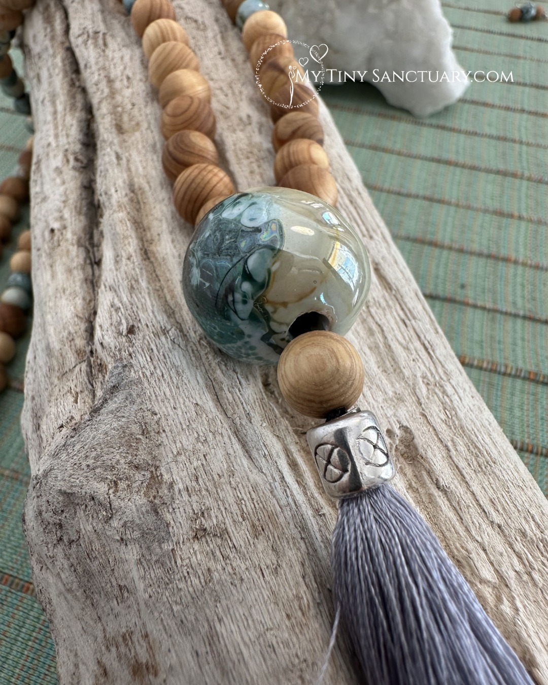 Aegean Green Grounding Mala | Sandalwood & Earthy Ceramic Guru Beads