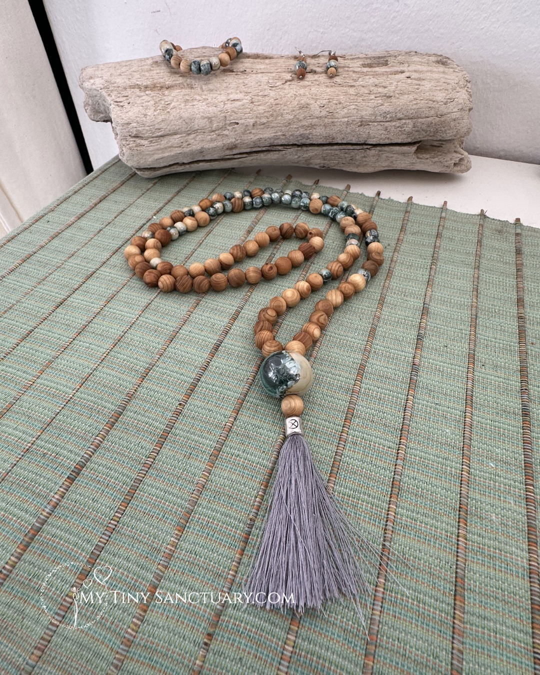 Aegean Green Grounding Mala | Sandalwood & Earthy Ceramic Beads