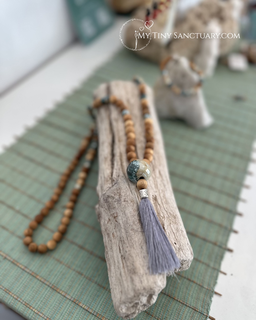 Aegean Green Grounding Mala | Sandalwood & Earthy Ceramic Beads - Image 2