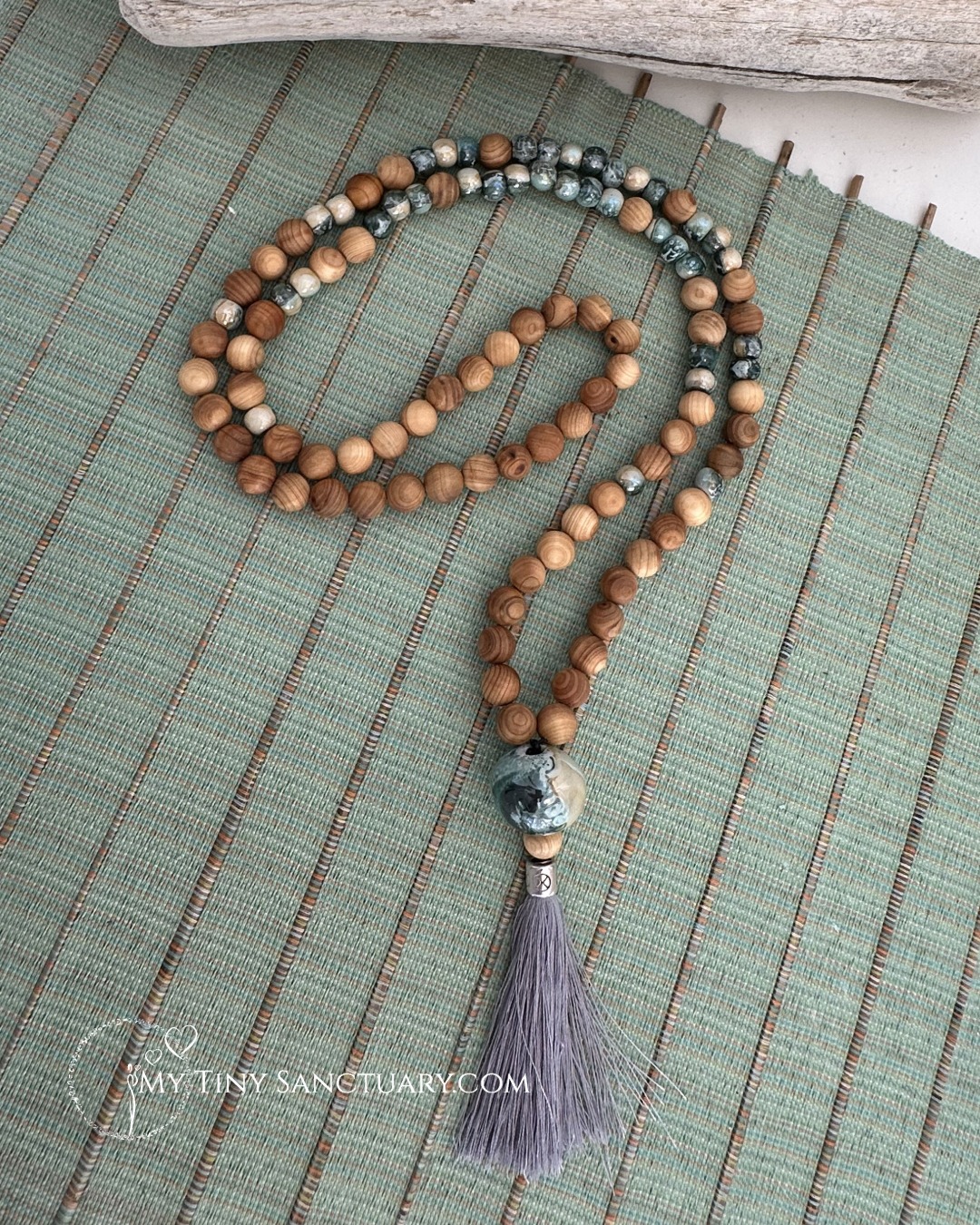 Aegean Green Grounding Mala | Sandalwood & Earthy Ceramic Beads