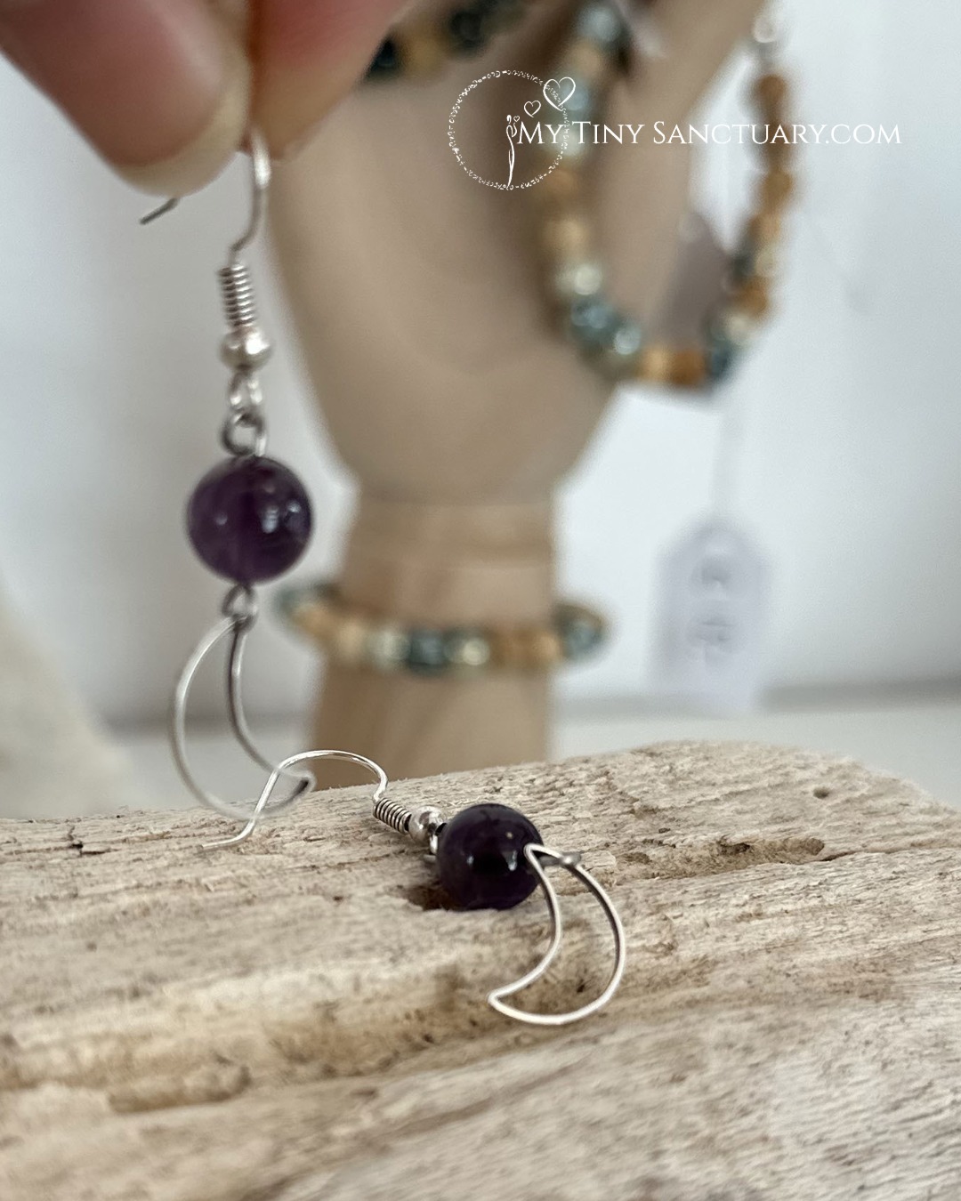 Moon Earrings: Crescent Moon with Amethyst Beads - Detail