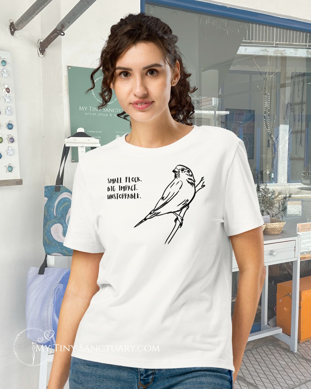 Sparrow Spirit T-shirt for Women 100% Organic Cotton: Small flock. Big impact. Unstoppable. | Off White