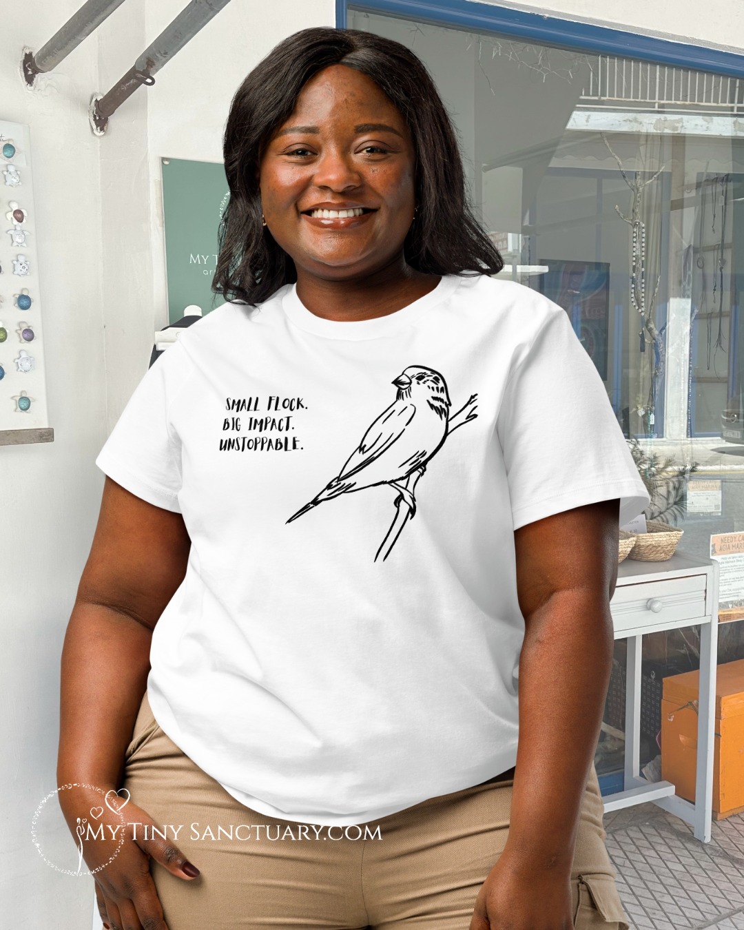 Sparrow Spirit T-shirt for Women 100% Organic Cotton: Small flock. Big impact. Unstoppable. | White