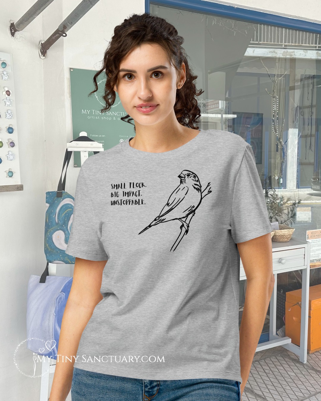 Sparrow Spirit T-shirt for Women 100% Organic Cotton: Small flock. Big impact. Unstoppable. | Cool Heather Grey