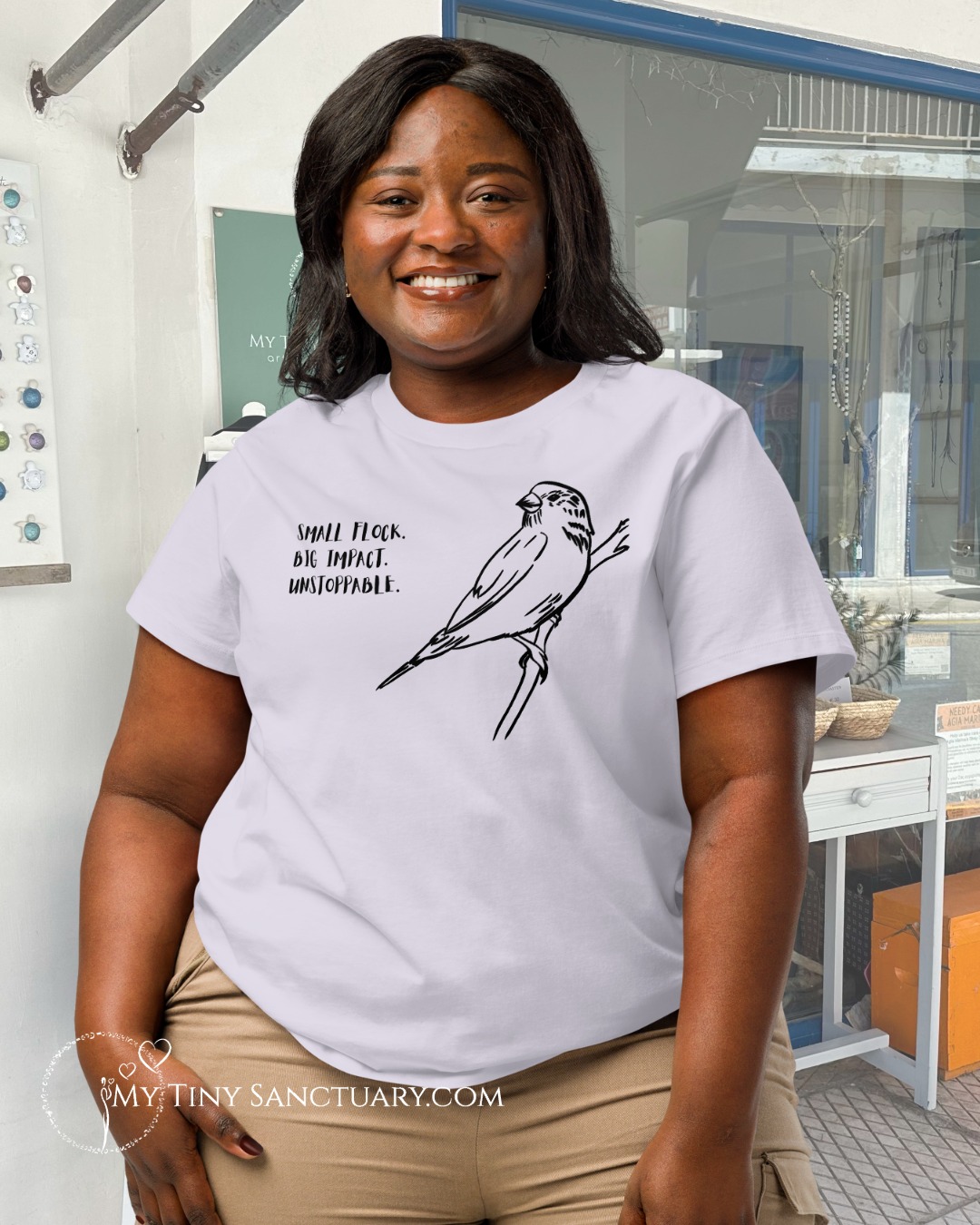 Sparrow Spirit T-shirt for Women 100% Organic Cotton: Small flock. Big impact. Unstoppable. | Lavender