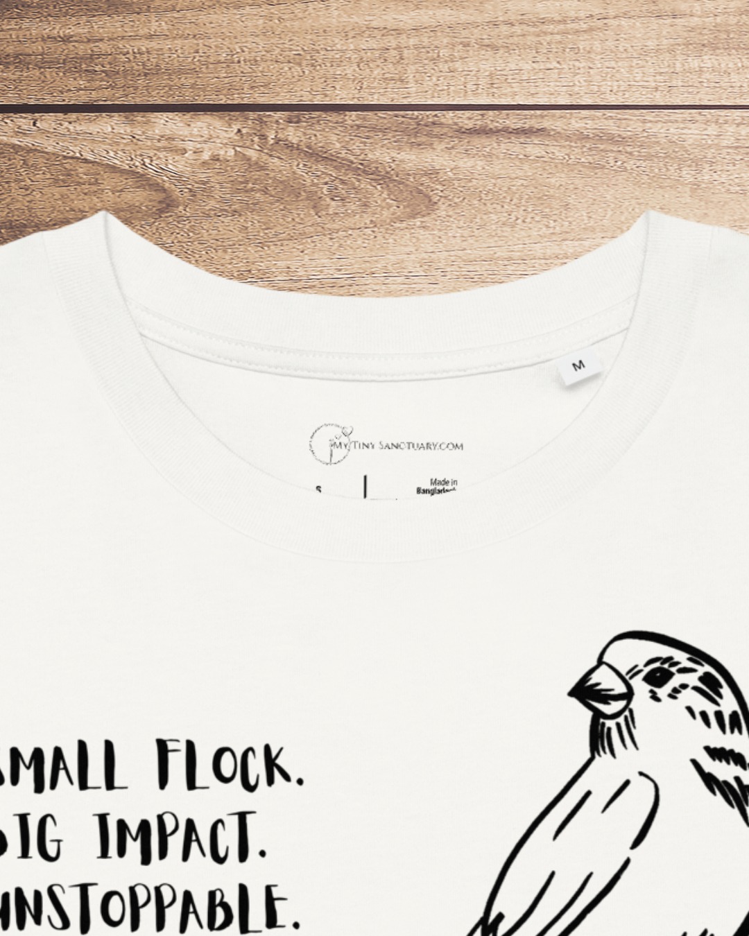 Sparrow Spirit T-shirt for Women 100% Organic Cotton: Small flock. Big impact. Unstoppable. | Label detail