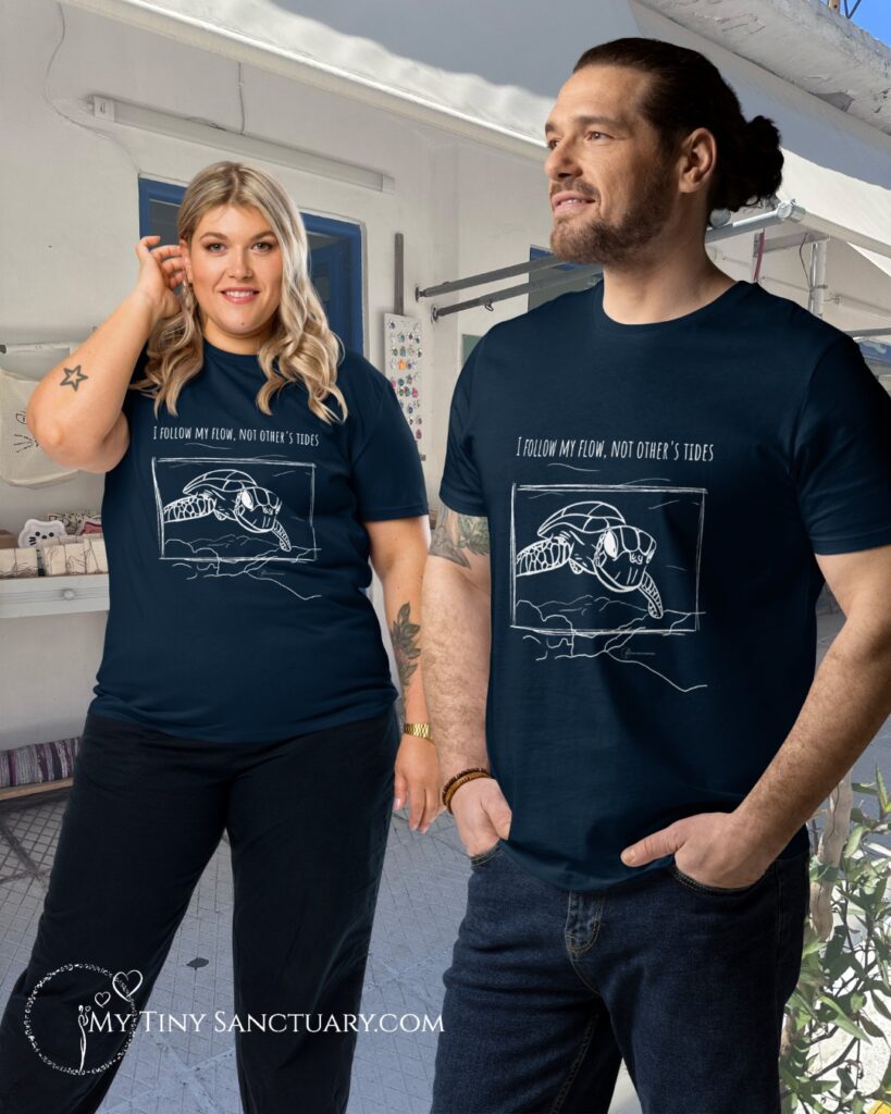Turtle Animal Spirit T-Shirt – "I Follow My Flow, Not Others' Tides" (Organic Cotton)