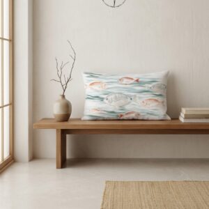 Rectangular decorative cushion with insert, featuring a light illustration of fish swimming in turquoise Aegean waters, inspired by Agia Marina. The design has a delicate, airy style on a soft polyester fabric.
