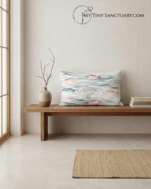 Rectangular decorative cushion with insert, featuring a light illustration of fish swimming in turquoise Aegean waters, inspired by Agia Marina. The design has a delicate, airy style on a soft polyester fabric.