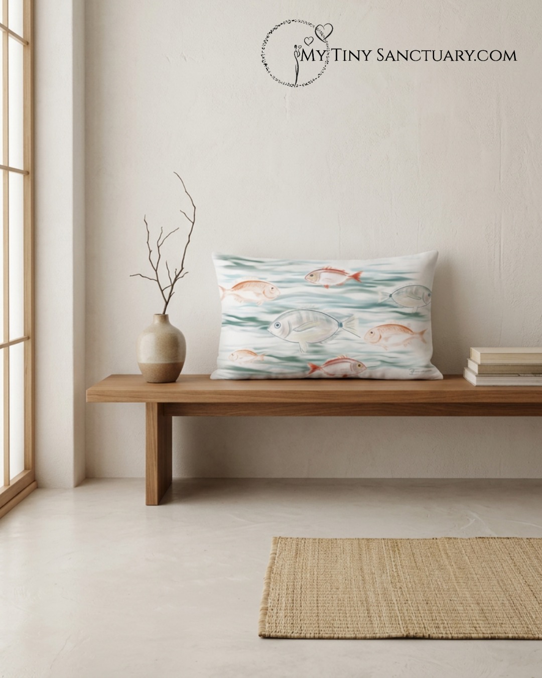 Rectangular decorative cushion with insert, featuring a light illustration of fish swimming in turquoise Aegean waters, inspired by Agia Marina. The design has a delicate, airy style on a soft polyester fabric.