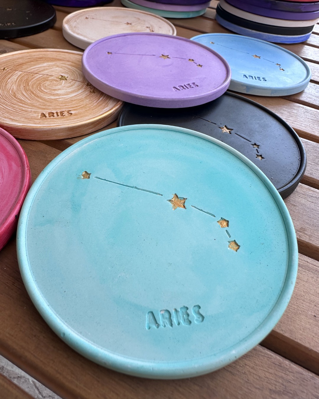 Aries Coaster - Hand-painted Aries Constellation Coaster in porcelain with fiery orange design and cork base.